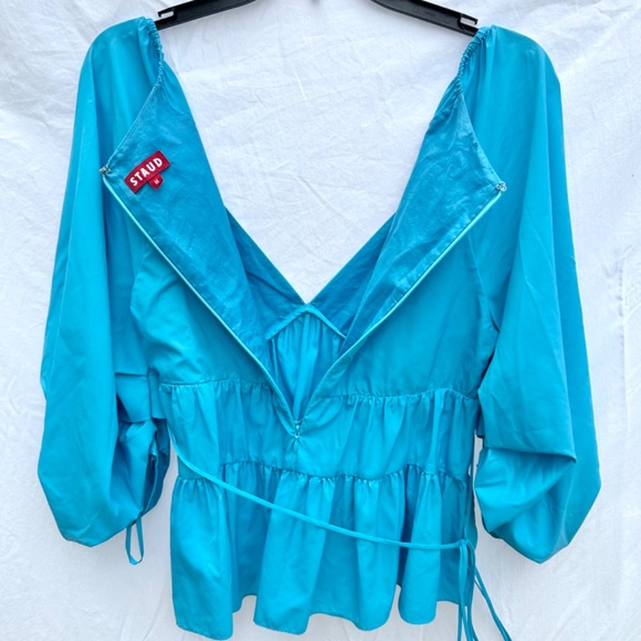 STAUD Blue Tiered Flowy Ruffle Top w Puff Gather Sleeve NWOT - Picture 3 of 3